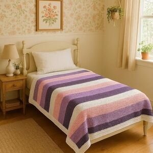 Cozy Soft Blanket Striped Purple, White, Mauve Grannycore Cottagecore NEW